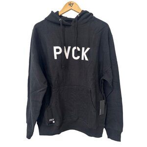 PVCK Hooded Pullover Sweatshirt Men Size Large Solid Black Cotton Athleisure NEW